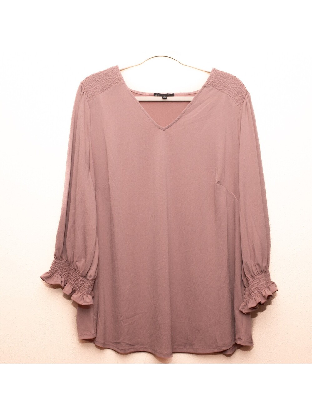 Adrianna Papell Smocked Sleeve V Neck Blouse Mauve Office Siren Plus 1X